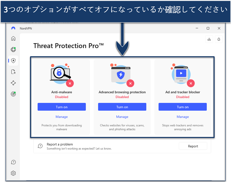Screenshot showing how to turn off Threat Protection Pro on the NordVPN Windows app