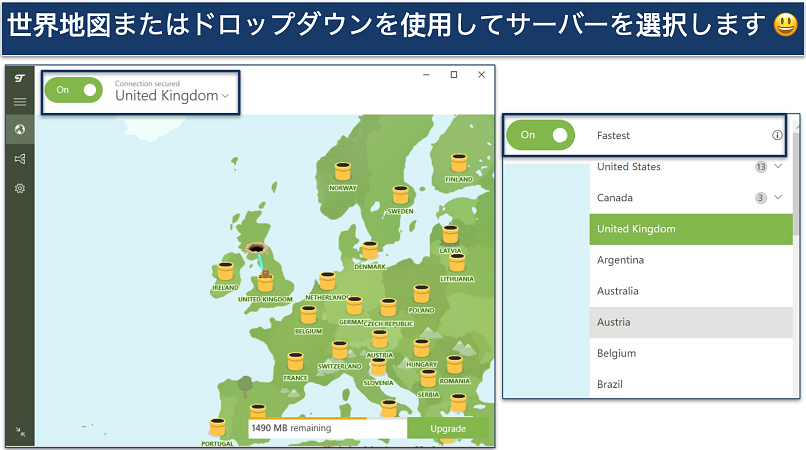 Screenshot of TunnelBear's free Windows VPN app showing server map and drop-down list
