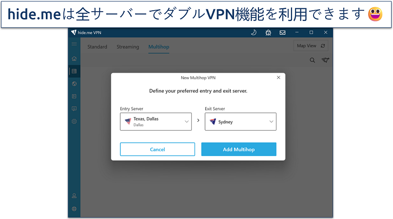 Screenshot of hide.me's Windows app highlighting its multihop feature
