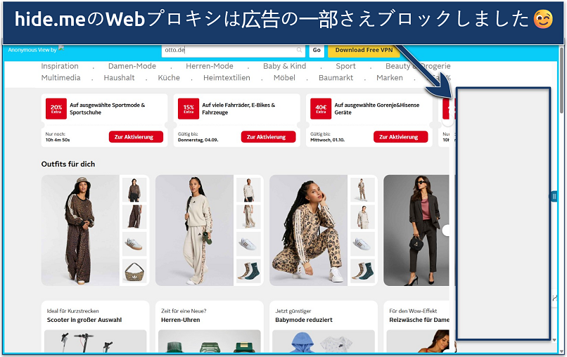 Screenshot of the Otto.de marketplace loaded via the hide.me web proxy