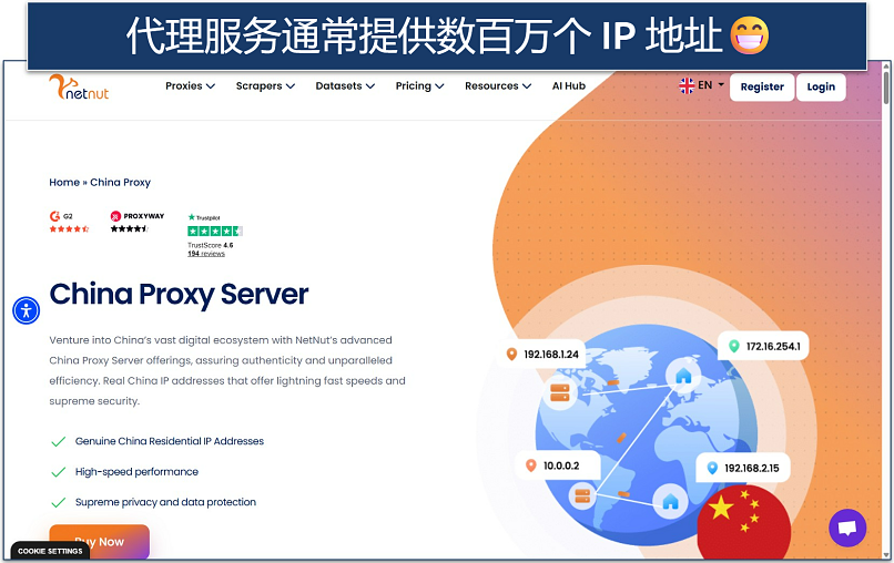 Screenshot of the NetNut China Proxy Server website page
